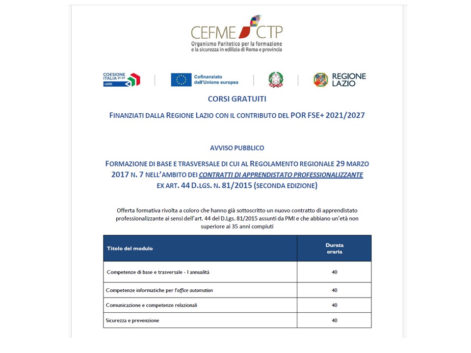 CORSI GRATUITI: FINANZIATI DALLA REGIONE LAZIO CON IL CONTRIBUTO DEL POR FSE+ 2021/2027
